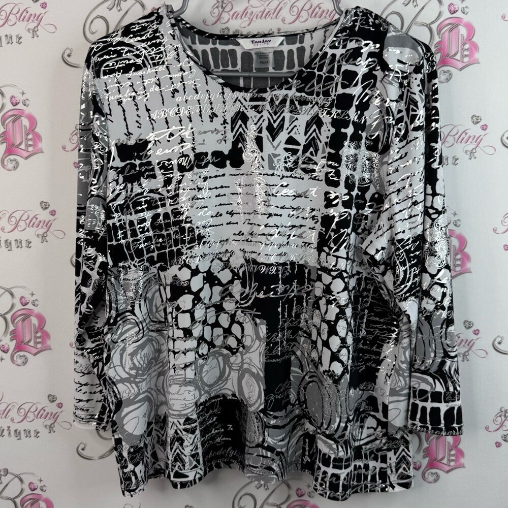 TanJay long sleeve, shiny silver Black and Gray Abstract Long Sleeve Top